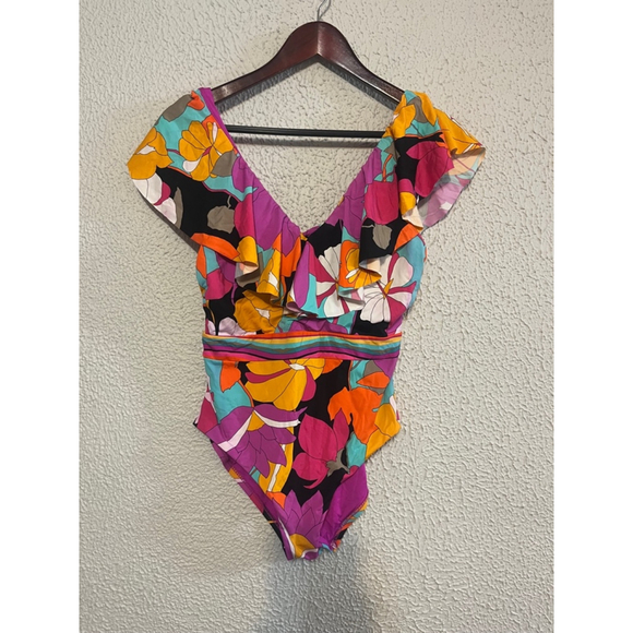 Trina Turk Gemini Floral Ruffle V Neck Tie Back Maillot One Piece Swimsuit Sz 8 - Picture 1 of 5